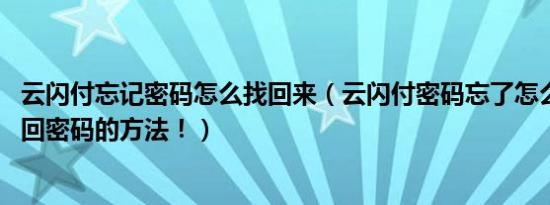 云闪付忘记密码怎么找回来（云闪付密码忘了怎么办 揭晓找回密码的方法！）