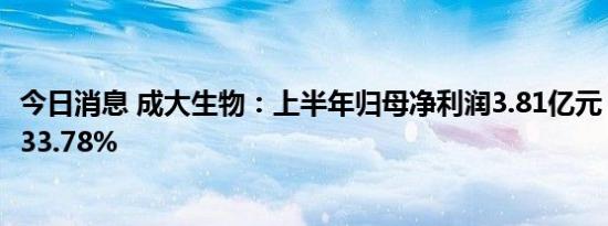 今日消息 成大生物：上半年归母净利润3.81亿元，同比减少33.78%