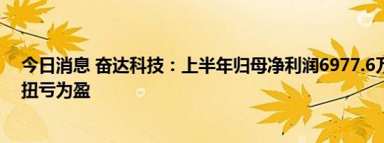 今日消息 奋达科技：上半年归母净利润6977.6万元，同比扭亏为盈