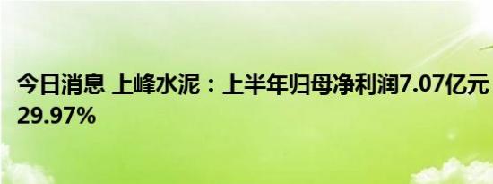 今日消息 上峰水泥：上半年归母净利润7.07亿元，同比下滑29.97%