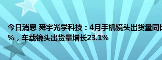 今日消息 舜宇光学科技：4月手机镜头出货量同比下降25.3%，车载镜头出货量增长23.1%