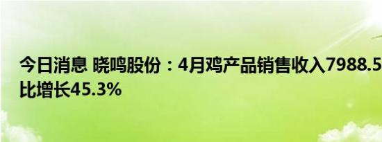 今日消息 晓鸣股份：4月鸡产品销售收入7988.59万元，同比增长45.3%