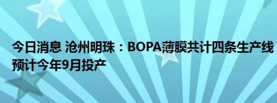 今日消息 沧州明珠：BOPA薄膜共计四条生产线，芜湖部分预计今年9月投产