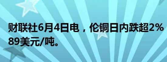 财联社6月4日电，伦铜日内跌超2%，现报9989美元/吨。