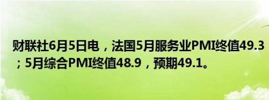 财联社6月5日电，法国5月服务业PMI终值49.3，预期49.4；5月综合PMI终值48.9，预期49.1。