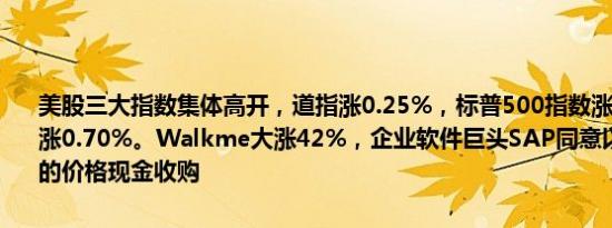 美股三大指数集体高开，道指涨0.25%，标普500指数涨0.46%，纳指涨0.70%。Walkme大涨42%，企业软件巨头SAP同意以每股14美元的价格现金收购