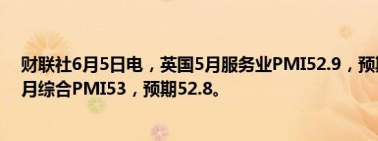 财联社6月5日电，英国5月服务业PMI52.9，预期52.9；5月综合PMI53，预期52.8。