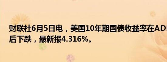 财联社6月5日电，美国10年期国债收益率在ADP数据发布后下跌，最新报4.316%。