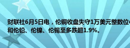 财联社6月5日电，伦铜收盘失守1万美元整数位心理关口，和伦铅、伦镍、伦锡至多跌超1.9%。