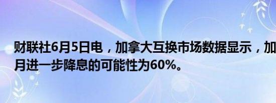 财联社6月5日电，加拿大互换市场数据显示，加拿大央行7月进一步降息的可能性为60%。