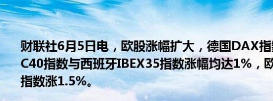 财联社6月5日电，欧股涨幅扩大，德国DAX指数、法国CAC40指数与西班牙IBEX35指数涨幅均达1%，欧洲斯托克50指数涨1.5%。