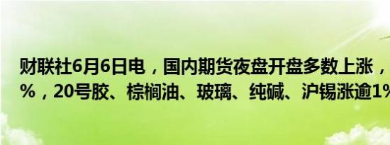 财联社6月6日电，国内期货夜盘开盘多数上涨，橡胶涨逾2%，20号胶、棕榈油、玻璃、纯碱、沪锡涨逾1%。