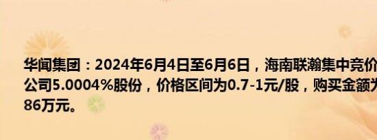 华闻集团：2024年6月4日至6月6日，海南联瀚集中竞价方式累计买入公司5.0004%股份，价格区间为0.7-1元/股，购买金额为人民币7850.86万元。