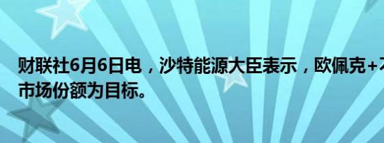 财联社6月6日电，沙特能源大臣表示，欧佩克+不会转向以市场份额为目标。