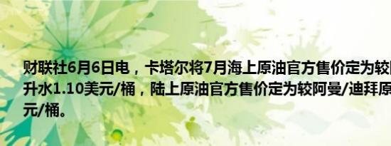 财联社6月6日电，卡塔尔将7月海上原油官方售价定为较阿曼/迪拜原油升水1.10美元/桶，陆上原油官方售价定为较阿曼/迪拜原油升水0.35美元/桶。