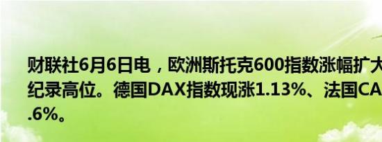 财联社6月6日电，欧洲斯托克600指数涨幅扩大，触及盘中纪录高位。德国DAX指数现涨1.13%、法国CAC40指数涨0.6%。