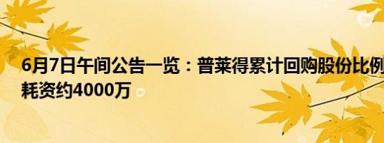 6月7日午间公告一览：普莱得累计回购股份比例达2.14% 耗资约4000万