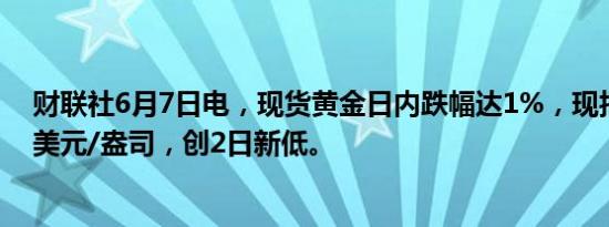 财联社6月7日电，现货黄金日内跌幅达1%，现报2351.78美元/盎司，创2日新低。