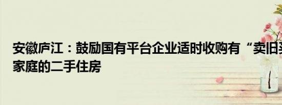 安徽庐江：鼓励国有平台企业适时收购有“卖旧买新”需求家庭的二手住房