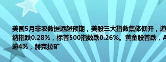 美国5月非农数据远超预期，美股三大指数集体低开，道指跌0.21%，纳指跌0.28%，标普500指数跌0.26%。黄金股普跌，AngloGold跌逾4%，赫克拉矿