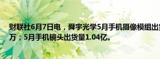 财联社6月7日电，舜宇光学5月手机摄像模组出货量4,549万；5月手机镜头出货量1.04亿。