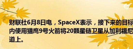 财联社6月8日电，SpaceX表示，接下来的目标是在9.5小时内使用猎鹰9号火箭将20颗星链卫星从加利福尼亚发射到轨道上。