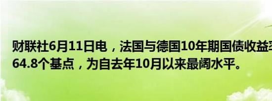 财联社6月11日电，法国与德国10年期国债收益率差扩大至64.8个基点，为自去年10月以来最阔水平。