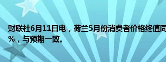 财联社6月11日电，荷兰5月份消费者价格终值同比增长2.7%，与预期一致。