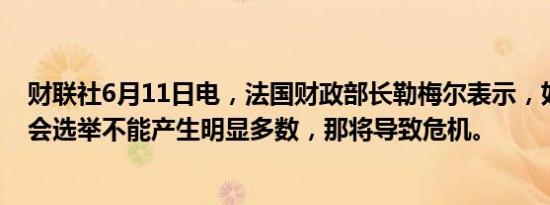 财联社6月11日电，法国财政部长勒梅尔表示，如果法国议会选举不能产生明显多数，那将导致危机。