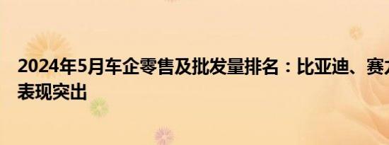 2024年5月车企零售及批发量排名：比亚迪、赛力斯、理想表现突出