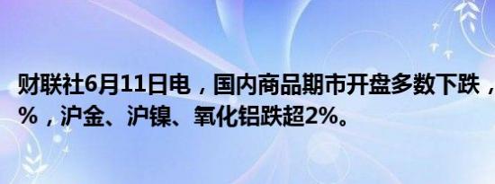 财联社6月11日电，国内商品期市开盘多数下跌，沪银跌超4%，沪金、沪镍、氧化铝跌超2%。