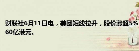 财联社6月11日电，美团短线拉升，股价涨超5%，成交额近60亿港元。