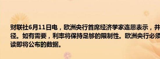 财联社6月11日电，欧洲央行首席经济学家连恩表示，并未预设利率路径。如有需要，利率将保持足够的限制性。欧洲央行必须仔细分析、解读即将公布的数据。