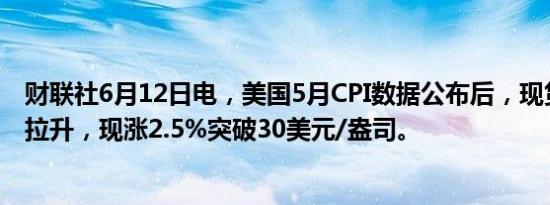 财联社6月12日电，美国5月CPI数据公布后，现货白银快速拉升，现涨2.5%突破30美元/盎司。