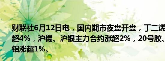 财联社6月12日电，国内期市夜盘开盘，丁二烯主力合约涨超4%，沪锡、沪银主力合约涨超2%，20号胶、橡胶、氧化铝涨超1%。