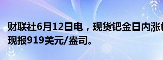 财联社6月12日电，现货钯金日内涨幅达3%，现报919美元/盎司。