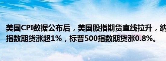 美国CPI数据公布后，美国股指期货直线拉升，纳斯达克100指数期货涨超1%，标普500指数期货涨0.8%。