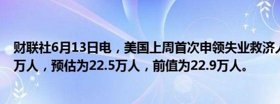 财联社6月13日电，美国上周首次申领失业救济人数为24.2万人，预估为22.5万人，前值为22.9万人。