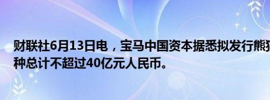 财联社6月13日电，宝马中国资本据悉拟发行熊猫债，两品种总计不超过40亿元人民币。