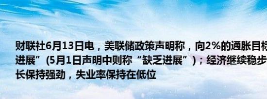 财联社6月13日电，美联储政策声明称，向2%的通胀目标“略有进一步进展”(5月1日声明中则称“缺乏进展”)；经济继续稳步扩张，就业增长保持强劲，失业率保持在低位