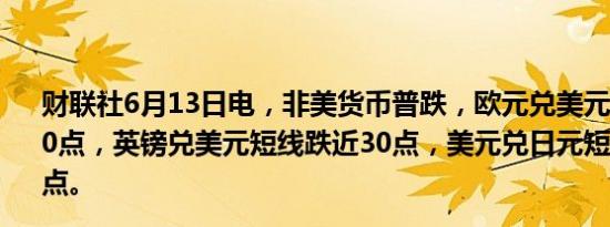 财联社6月13日电，非美货币普跌，欧元兑美元短线下挫近30点，英镑兑美元短线跌近30点，美元兑日元短线拉升逾30点。