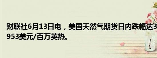 财联社6月13日电，美国天然气期货日内跌幅达3%，现报2.953美元/百万英热。