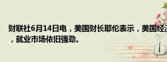 财联社6月14日电，美国财长耶伦表示，美国经济增长稳固，就业市场依旧强劲。