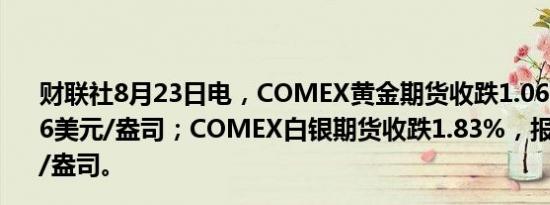 财联社8月23日电，COMEX黄金期货收跌1.06%，报2520.6美元/盎司；COMEX白银期货收跌1.83%，报28.995美元/盎司。