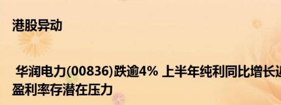 港股异动 | 华润电力(00836)跌逾4% 上半年纯利同比增长近四成 公司盈利率存潜在压力