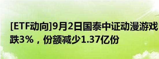 [ETF动向]9月2日国泰中证动漫游戏ETF基金跌3%，份额减少1.37亿份