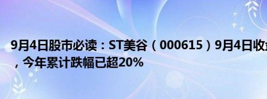 9月4日股市必读：ST美谷（000615）9月4日收盘跌5.21%，今年累计跌幅已超20%