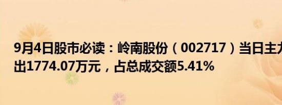 9月4日股市必读：岭南股份（002717）当日主力资金净流出1774.07万元，占总成交额5.41%