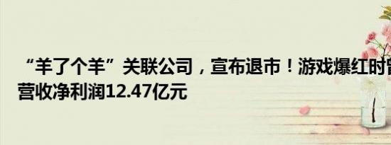 “羊了个羊”关联公司，宣布退市！游戏爆红时曾全年实现营收净利润12.47亿元