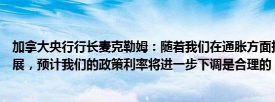 加拿大央行行长麦克勒姆：随着我们在通胀方面持续取得进展，预计我们的政策利率将进一步下调是合理的